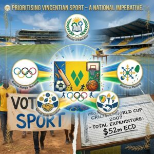 Infographic titled Prioritising Vincentian Sport with SVG sports logos, stadium background, and Cricket World Cup expenditure.