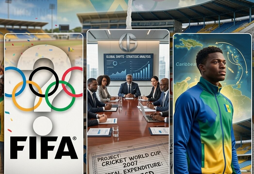 Infographic titled Sport's Latest Challenges featuring Olympic and FIFA logos, sports board meeting, and a Caribbean athlete.