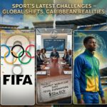 Infographic titled Sport's Latest Challenges featuring Olympic and FIFA logos, sports board meeting, and a Caribbean athlete.