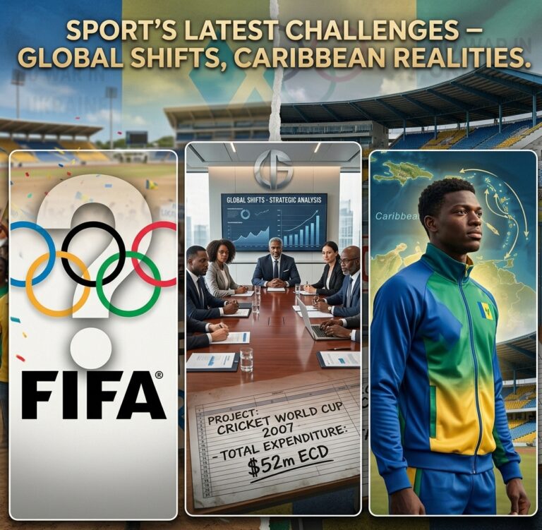 Infographic titled Sport's Latest Challenges featuring Olympic and FIFA logos, sports board meeting, and a Caribbean athlete.