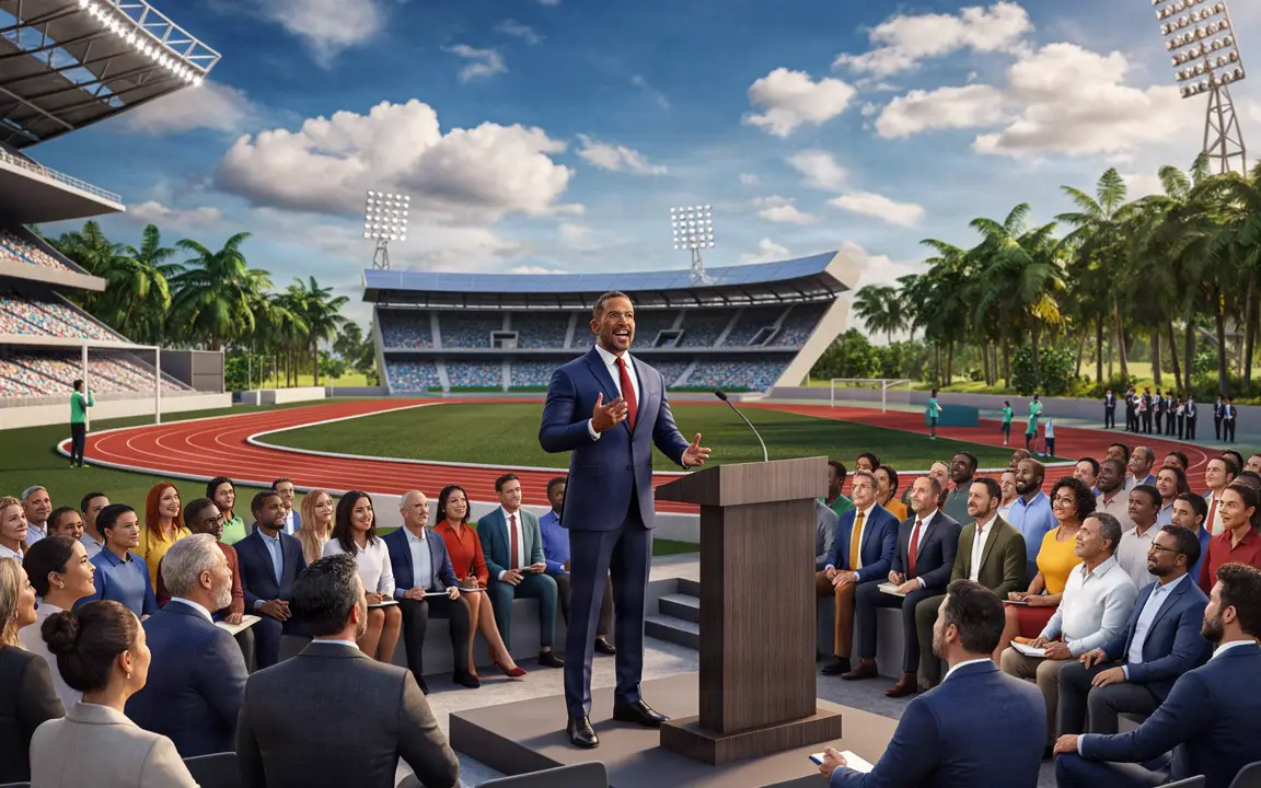 Speaker addressing an outdoor audience gathered at a sports stadium with a running track and palm trees.