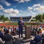 Speaker addressing an outdoor audience gathered at a sports stadium with a running track and palm trees.