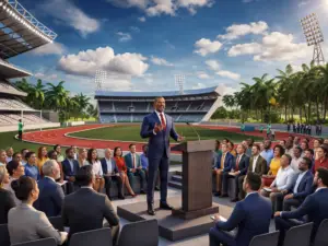 Speaker addressing an outdoor audience gathered at a sports stadium with a running track and palm trees.