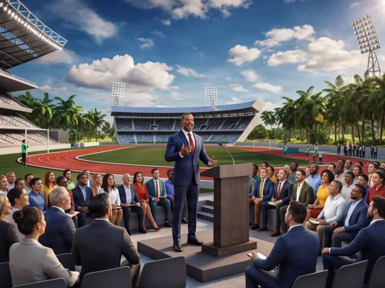 Speaker addressing an outdoor audience gathered at a sports stadium with a running track and palm trees.