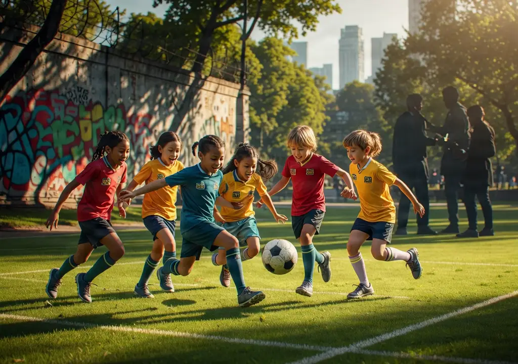 Group of young children playing soccer together on a grassy field in an urban park.