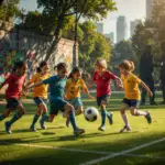 Group of young children playing soccer together on a grassy field in an urban park.