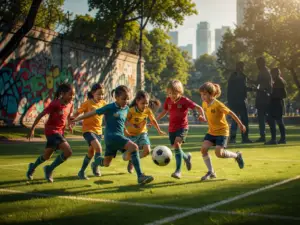 Group of young children playing soccer together on a grassy field in an urban park.